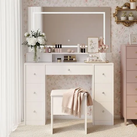 Toeletta 110x40x150 cm con specchio grande, luce LED a tre colori, interruttore a sfioramento, 9 cassetti e sgabello da trucco - Bianco