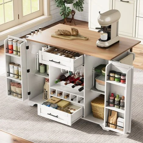 Carrello da cucina con piano di lavoro ribaltabile, isola cucina su ruote con portabottiglie, portabicchieri, porta spezie e portasciugamani, 120x45/70x92 cm, bianco – Carrello di servizio multifunzio