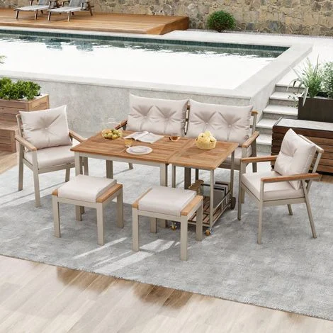 Salotto da Giardino 6 Posti in Acacia e Metallo con Tavolo, Divano, 2 Poltrone, 2 Sgabelli, Tavolino e Cuscini, Beige