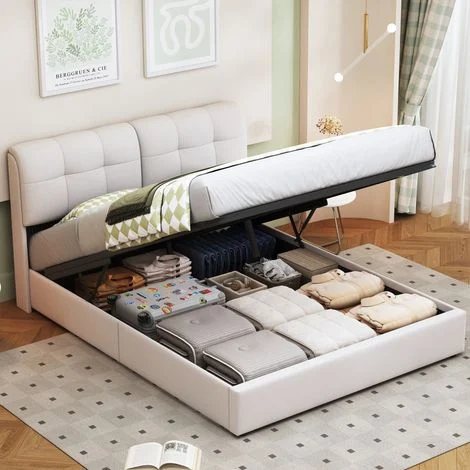 Letto contenitore 160x200 cm con illuminazione LED a 7 colori, letto matrimoniale imbottito con vano idraulico e rete a doghe, in velluto, beige