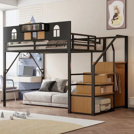 Letto a soppalco in metallo 140 x 200 cm, con scaletta contenitore, finestra, pannelli in legno e tessuto a rete, sponda rialzata unica, ripiano contenitore accanto al letto, robusta struttura in meta