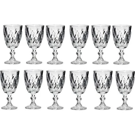 Set 12 Bicchieri con piede a Calice in Vetro per Acqua e Vino Lavorato 30cl Design Vintage a Rilievi Calici Resistenti con Piede per Casa e Ristorazione Stile Retro Bicchieri diamanteTrasparente