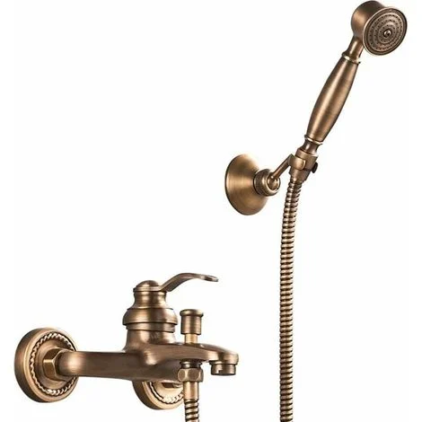 Miscelatore per vasca a parete in ottone massiccio – Doccetta con tubo flessibile in acciaio inox da 1500 mm – 2 fori – Finitura bronzo anticato -Crezuo