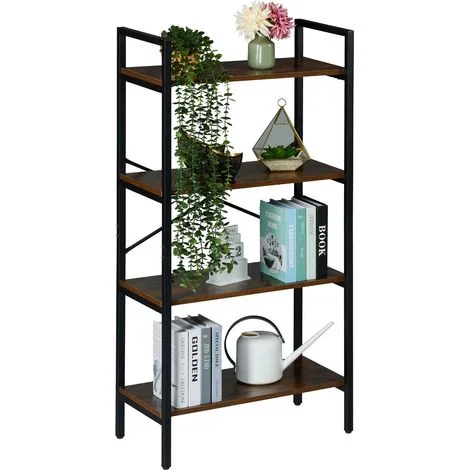 Relaxdays Scaffale Libreria a 4 ripiani, HLP: 122x60x32 cm, Scaffalatura Aperta, Mobile Stile Industriale, Marrone Nero