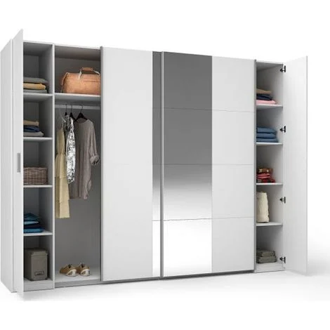 Armadio 4 porte con specchio STAR – Bianco – Con guardaroba – L264 cm