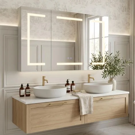Armadio e mobile da bagno 100 cm, con specchio LED connesso - ampio spazio di archiviazione, antiappannante, memoria, vetro temperato HD - presa integrata