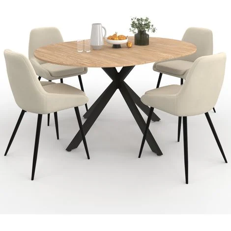 Set di tavolo da pranzo rotondo allungabile ALIX in legno e nero da 110-150 cm e 4 sedie in velluto beige THALYA