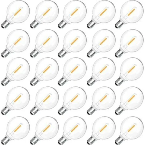 25 lampadine LED per esterni E12 G40 1W, bianco caldo 2200K, lampadine a filamento LED G40 trasparenti, impermeabili IP54, lampadine di ricambio E12, 230V non dimmerabili, per giardino, patio, balcone
