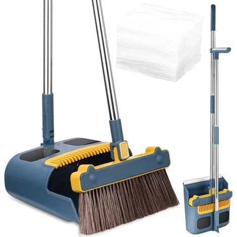 [MAI USATO]Paletta e spazzola con manico lungo, set di scopa e paletta con 30 pezzi di carta antipolvere elettrostatica, scopa rotante a 180 gradi per interni, cucina, giardino (blu-arancione)