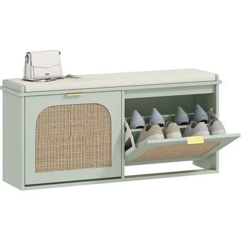 Panca porta scarpe, panca contenitore, seduta imbottita, cassetti a scomparsa, anta in rattan, 104 x 26 x 47,5 cm, verde