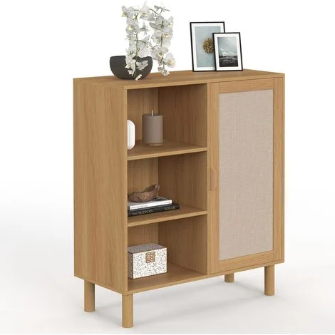 Credenza con 3 ripiani e armadietto 70 cm ROBIN in legno e tessuto effetto lino