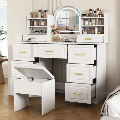 Toeletta trucco 120x40x135cm con specchio e 9 cassetti, LED, per camera da letto, pannello truciolare, bianco