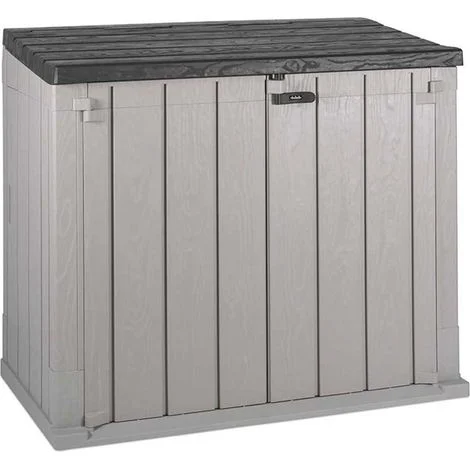 Toomax Stora Way Baule da 842L portattrezzi 129,5x74,5x111h cm effetto legno in plastica resistente, grigio talpa/antracite, porta bidoni spazzatura, con chiusura a chiavistello, ideale per il giardin