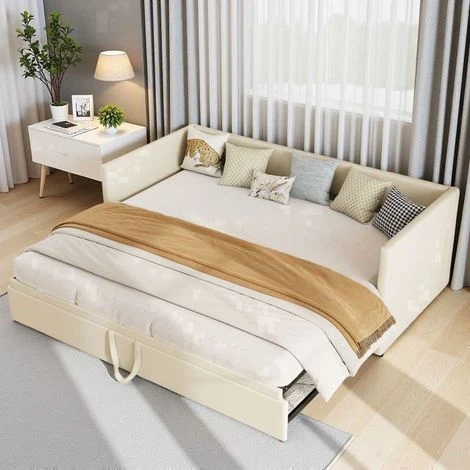 Divano letto 2 posti convertibile estensibile 90/180x200cm, Velluto Beige, Struttura in Legno Robusto FSC, Risparmio di Spazio, Design Moderno