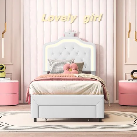 Letto singolo 90x200 cm per camera bambini e ragazzi - Letto contenitore capitonné con cassetto ai piedi del letto e testiera a corona - PU - Bianco
