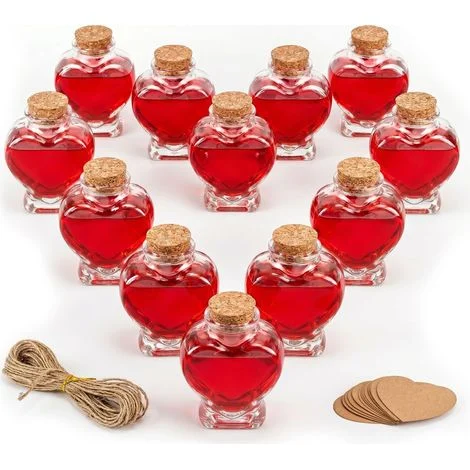 Relaxdays Set 12 bottiglie vetro 90 ml tappi sughero forma cuore per olio/aceto/spezie/liquori DIY trasparenti