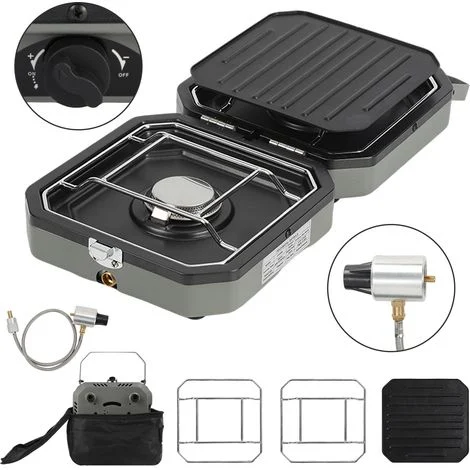 Wolketon Barbecue a gas da campeggio a 2 fuochi, fornello portatile con piastra antiaderente e griglie cromate, sicurezza fiamma, cucina da esterno
