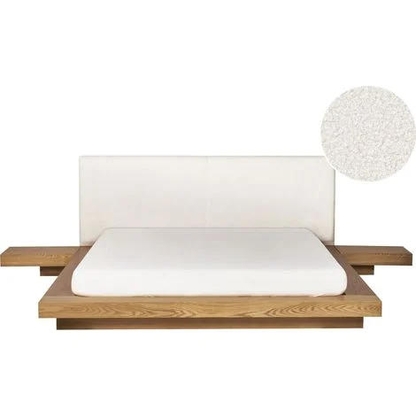 Letto moderno con piattaforma comodini testata letto bouclé in frassino naturale 160 x 200 cm Zen