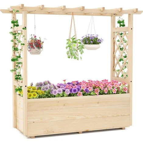Letto rialzato in legno massello con traliccio, tetto sospeso, drenaggio, per piante rampicanti, fiori, ortaggi, 115 x 40 x 103 cm