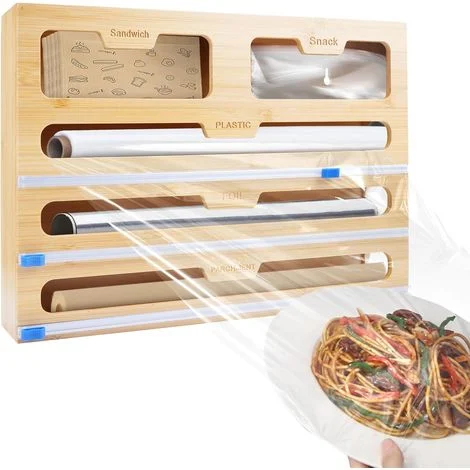 Distributore di fogli di bambù con taglierina, distributore 5 in 1 di fogli e pellicola trasparente, organizer per rotoli di carta stagnola, pellicola trasparente, carta oleata, carta da forno