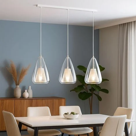 Lampada a sospensione 3 fiamme Lampada da tavolo in vetro trasparente Lampada a sospensione in metallo bianco Lampada da soggiorno, metallo, 3x E14, LxH 75x150 cm