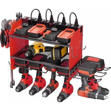 Organizer per utensili elettrici con stazione di ricarica, mensola portautensili galleggiante da parete, 3 ripiani, portautensili con 4 supporti per trapano, 8 prese, portabatterie per utensili