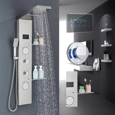 Set doccia a pioggia, display digitale multifunzionale, colonna doccia, soffione effetto Spa con mensola