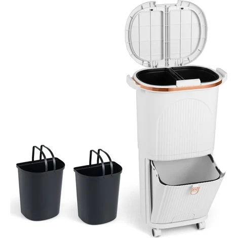 COSTWAY 38L Pattumiera da Cucina con Coperchi, Bidone per Raccolta Differenziata a 2 Piani con 2 Secchi Rimovibili, Pedale e Ruote, Contenitore per Rifiuti (Bianco,2 piani)