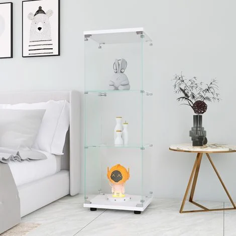 Vetrina 127x45x36,5 cm con anta e 3 ripiani, mobile espositore su piedi per collezioni, soggiorno e ufficio, in vetro temperato - bianco