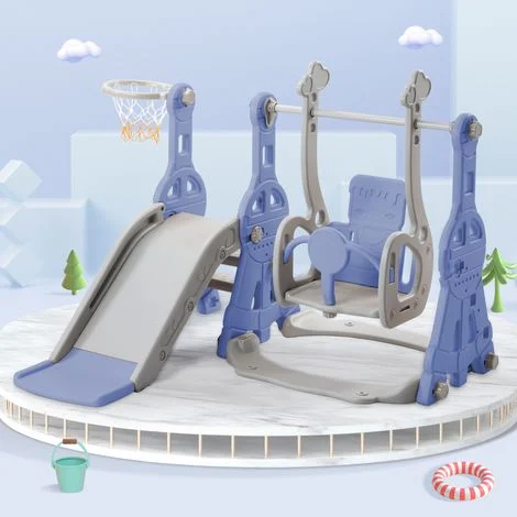 Scivolo per bambini 4 in 1, supporto per canestro, altalena, scala da arrampicata, adatto per interni ed esterni, scivolo da giardino - Blu