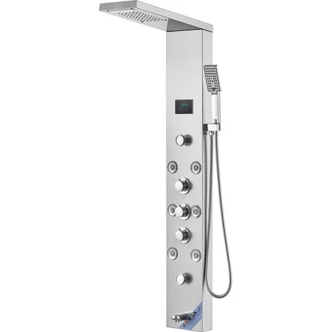 Mophorn Sistema di pannelli doccia, 6 modalità doccia, pannello doccia idroelettrico a LED e schermo, pioggia, cascata, 8 getti massaggianti, beccuccio, set doccia a parete in acciaio inossidabile