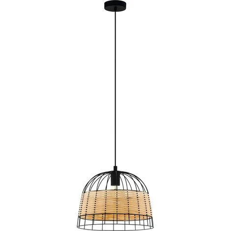 Sospensione Rustica-Country Anwick Metallo Nero E Rattan 1 Luce E27