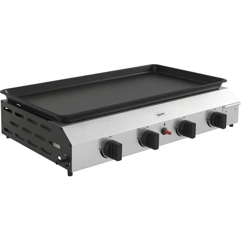 Piastra a gas in acciaio inox smaltato, 4 bruciatori, 9,6 kW, rivestimento antiaderente, ampia superficie di cottura 73 x 34 cm, portatile.