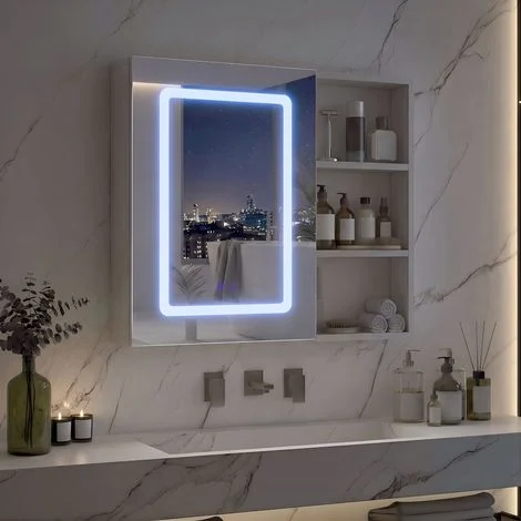 Specchio bagno luminoso LED 60x60 cm - Mobile a parete con illuminazione a 3 colori, funzione antiappannamento e ripiani laterali aperti - Design moderno bianco per bagno