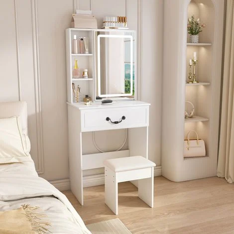 Toeletta per camera da letto 60x36x131,5 cm Piccola toeletta per trucco con specchio nascosto, mobiletto a LED, sgabello imbottito, bianca