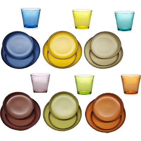 Servizio di Piatti e bicchieri colorato completo per 6 persone 24 Pezzi piatto in Stoneware Colorato 6 Bicchieri in Vetro 35cl Arcobaleno Piatti Piani Fondi Frutta per una Tavola dal Design Moderno