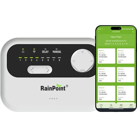 Centralina di irrigazione intelligente RAINPOINT a 8 zone - Sistema di irrigazione Wi-Fi basato sulle condizioni meteorologiche locali, facile da installare e controllabile tramite app.