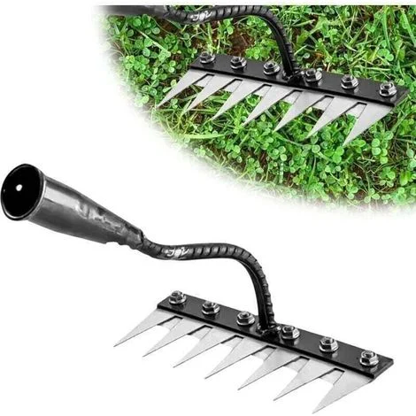 Rastrello da giardino in acciaio al carbonio per impieghi gravosi - Strumento per diserbo e scarificazione per giardinaggio - Rastrello in metallo resistente per terreno e prato, 6 denti