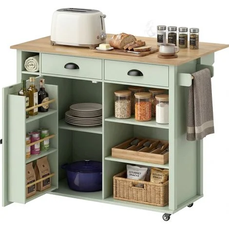 Isola cucina – Piano di lavoro pieghevole – Carrello di servizio mobile con 2 cassetti – Portasciugamani – Verde