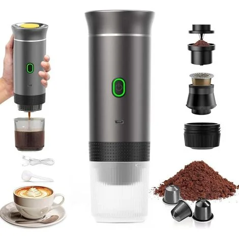 Macchina da caffè portatile da viaggio, macchina da caffè portatile 3 in 1 a riscaldamento rapido da 12 V, riscaldamento automatico in 4-6 minuti, capsule grandi, caffè macinato, per campeggio, uffici