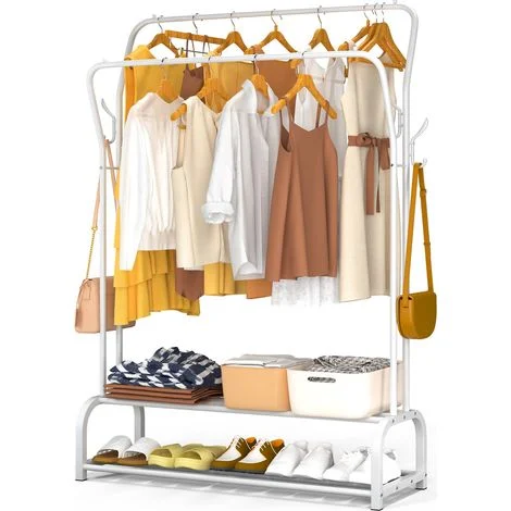 VOUNOT® Stand Appendiabiti in Metallo con Doppio Ripiani per Scarpe e 4 Ganci Laterali, 110x35x146cm, Bianco