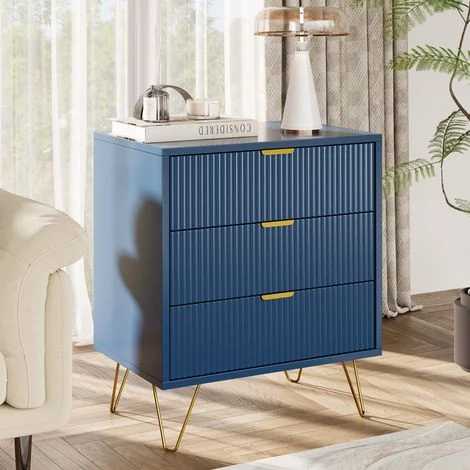 Comodino 60x40x70 cm con 3 cassetti scanalati e piedini dorati - Cassettiera moderna per camera o soggiorno - MDF - Blu scuro