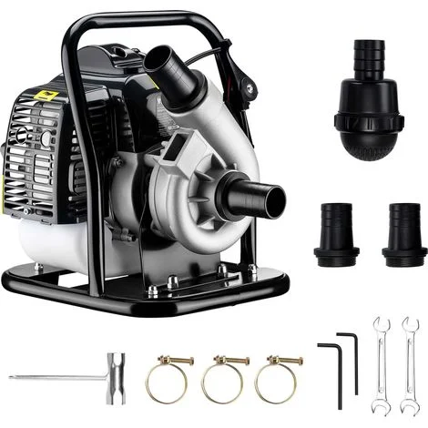 Wiltec Pompa per acqua a benzina, motore a 2 tempi, 1,4 kW, pompa per giardino con portata 400 l/min, profondità di aspirazione max 8 m, per cantine, cantieri, scavi
