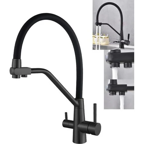 Rubinetto da cucina a osmosi inversa a 3 vie con acqua calda e fredda, canale separato per acqua purificata, ottone resistente (osmosi inversa nera)