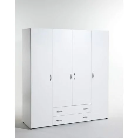 Armadio Guardaroba per Camera da Letto, 4 Ante, 2 Cassetti, Legno Bianco, 160 cm L x 52 cm P x 177 cm A