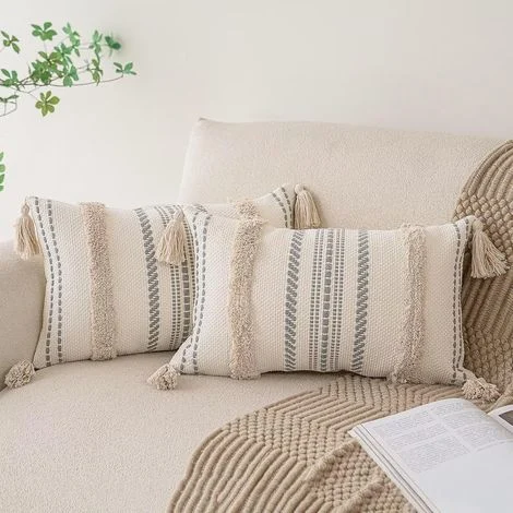 Set di 2 federe decorative per cuscini da divano letto, 30 x 50 cm, in stile rustico, intrecciate e trapuntate, con nappe, colore cachi.