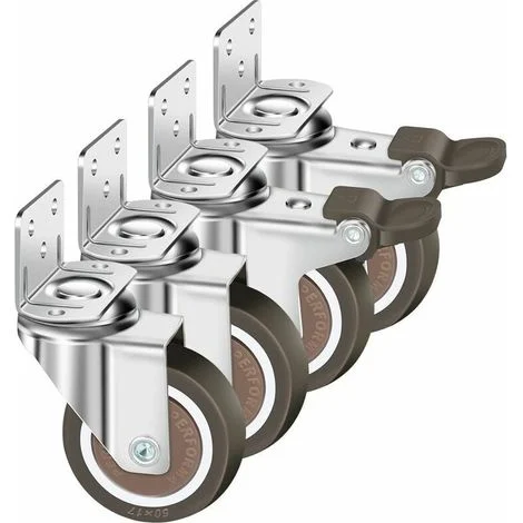Set di 4 ruote piroettanti da 50 mm, portata 100 kg, tipo a L, con freno, rotazione a 360°, per uso interno ed esterno (2 ruote con freno, 2 ruote senza freno).