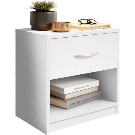 Comodino Bianco con Cassetto e Vano a Giorno, 39 cm L x 28 cm P x 41 cm A, per Camera da Letto, Cameretta, Mansarda