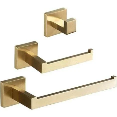 Set di 3 organizer da bagno a parete con anello portasciugamani/portarotolo/gancio, finitura oro spazzolato.