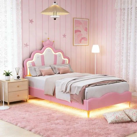 Letto per bambina 90x200 cm con testiera a corona, letto singolo in similpelle rosa, LED RGB, rete a doghe, design principessa